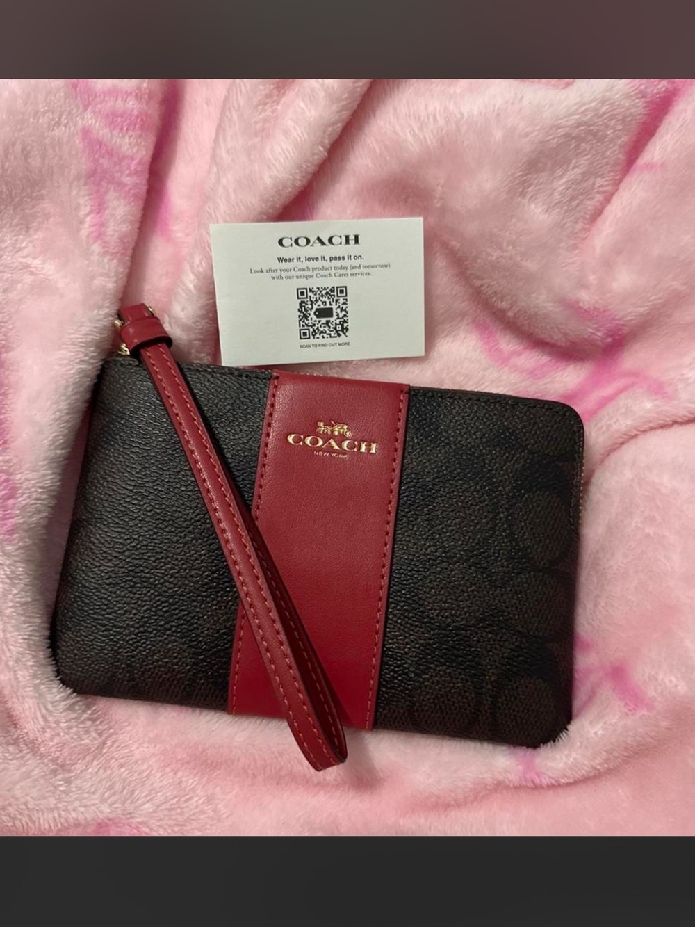 Coach Brown Signature Wristlet with Red Stripe